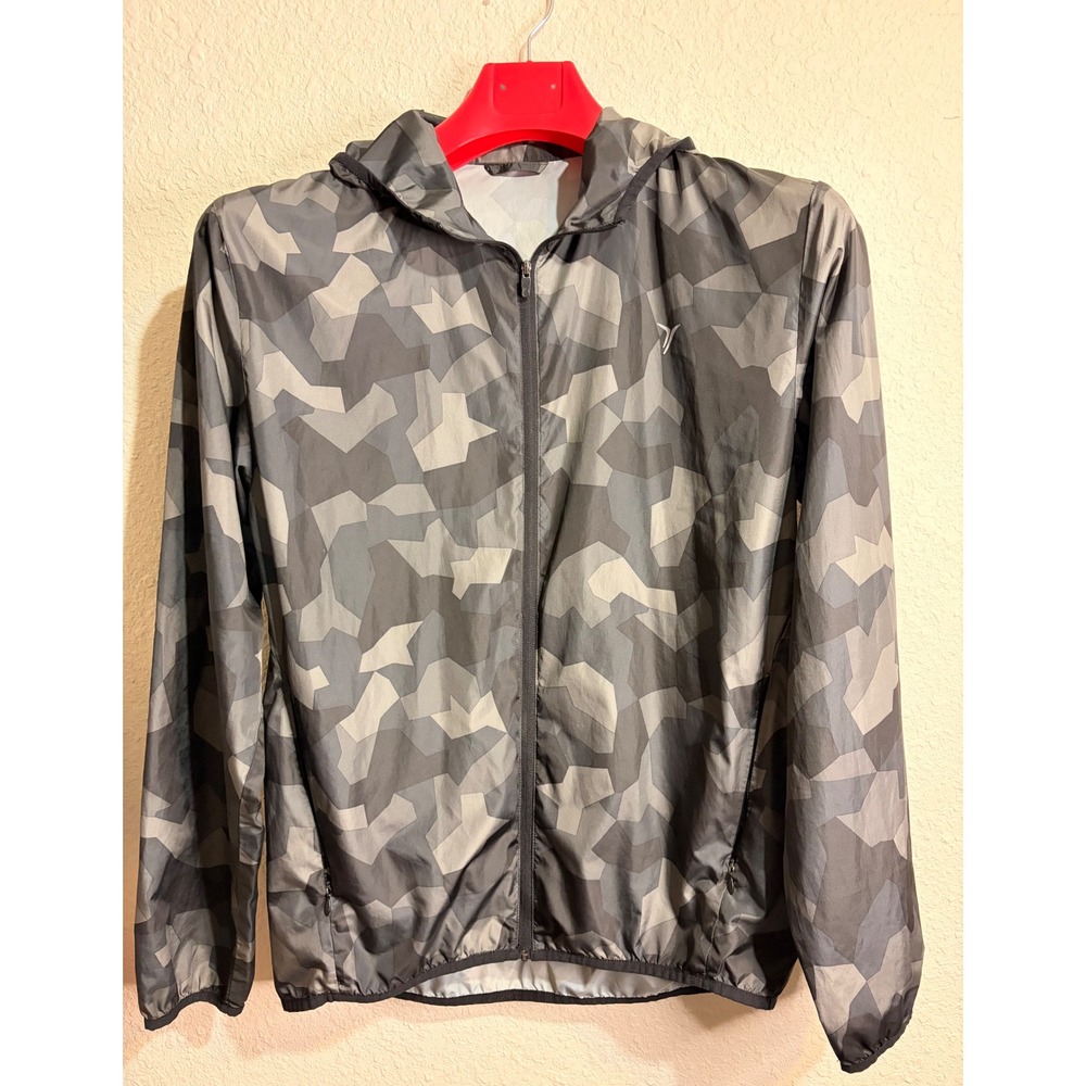 Old Navy Active Womens Grey Geometric Camo Hooded Windbreaker Jacket Med